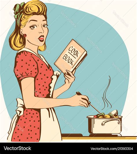 Retro Young Woman Cooking Soup In Her Kitchen Vector Image