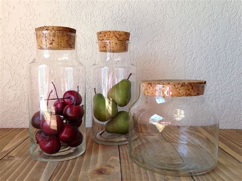 Vintage Glass Storage Jars With Cork Lids By Seventythreevintage