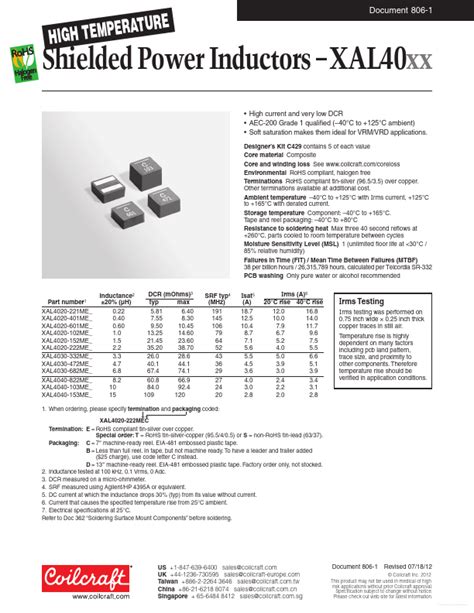 XAL4020 221ME Datasheet PDF Shielded Power Inductors