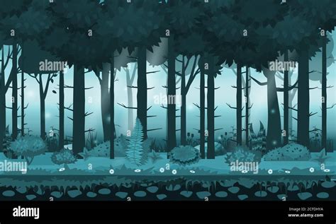 Fairy forest. Bright forest woods, silhouttes, trees with bushes, ferns ...