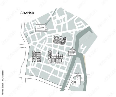 Vector Monochrome Hand Drawn Illustrated Map Of Gdansk Old Town Poland