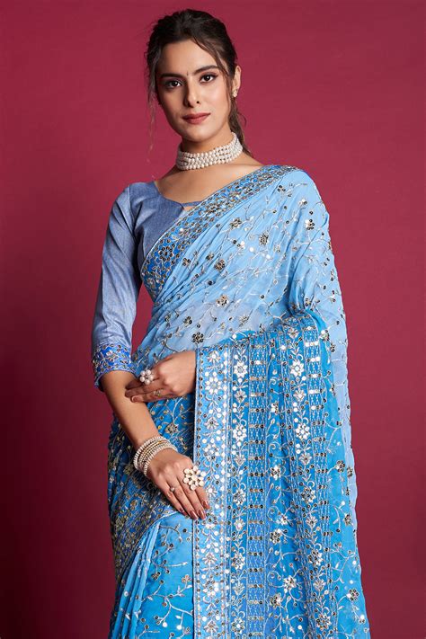 Buy Sky Blue Georgette Saree Online Karagiri