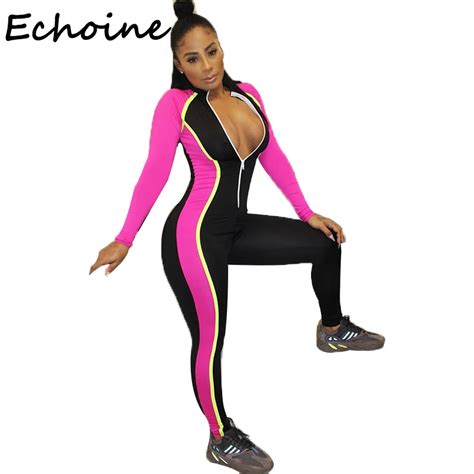 Echoine Women Jumpsuit Fluorescent Color Patchwork Bodysuit Rompers