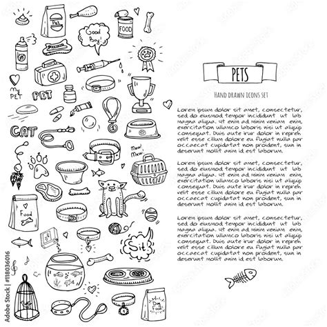 Hand Drawn Doodle Pets Stuff And Supply Icons Set Vector Illustration