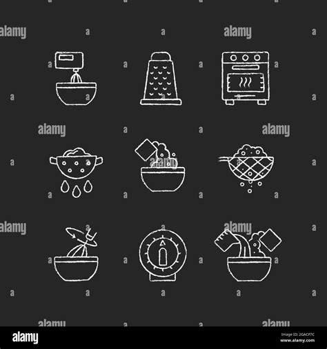 Food Cooking Instruction Chalk White Icons Set On Dark Background Stock