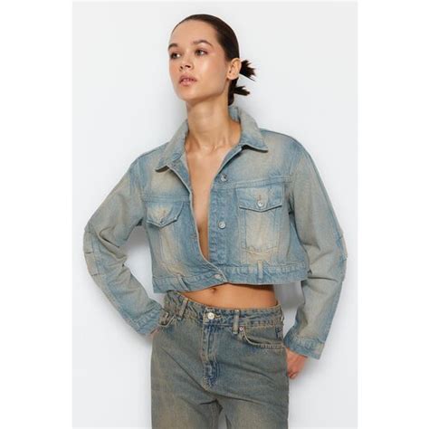 Trendyol Blue Pale Effect Vintage Oversize Crop Denim Jacket EPonuda