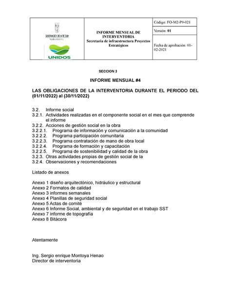 Seccion Docx Social Informe Mensual De Interventoria Secretaria De