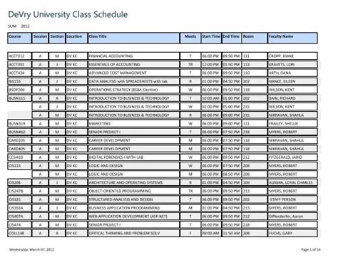 DeVry University Class Schedule