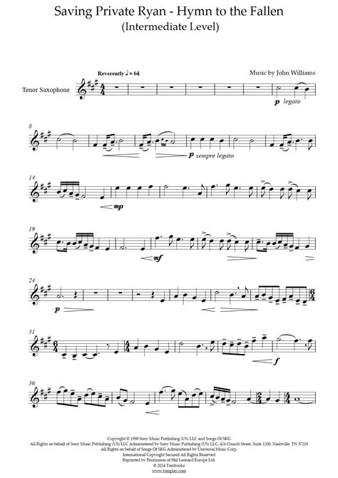 Saving Private Ryan Hymn To The Fallen Intermediate Level Tenor Sax