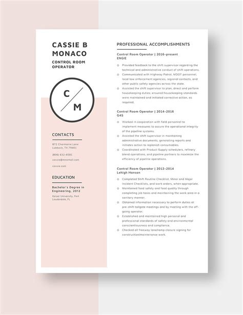 Control Room Operator Resume in Word, Pages - Download | Template.net