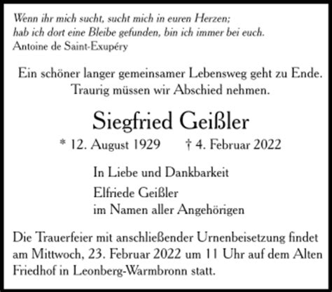 Traueranzeigen Von Siegfried Gei Ler Trauer De