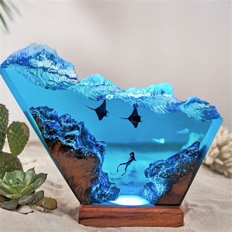 Manta Rays And Free Diver Resin Epoxy Lamp Personalized Gifts Gift