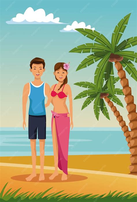 Pareja Joven En El Verano De Dibujos Animados De Playa Vector Premium