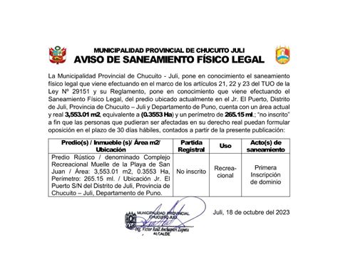 Aviso De Saneamiento F Sico Legal Municipalidad Provincial De