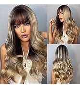 Amazon BOGSEA Wig With Bangs Ombre Dark Blonde Long Wavy Wigs For