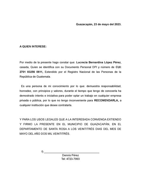 Carta De Recomendación Guazacapán 23 De Mayo Del 2023 A Quien