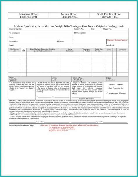 Printable Free Blank Straight Bill Of Lading Short Form Pdf Form