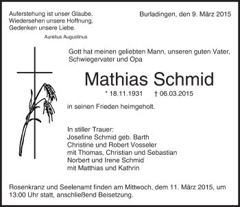 Traueranzeigen Von Mathias Schmid Schwarzw Lder Bote Trauer