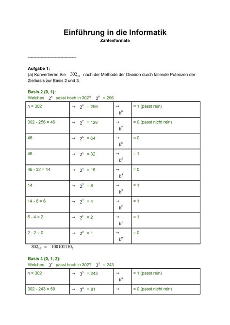 Informatik Blatt 6 Einführung in Informatik Zahlenformate Aufgabe