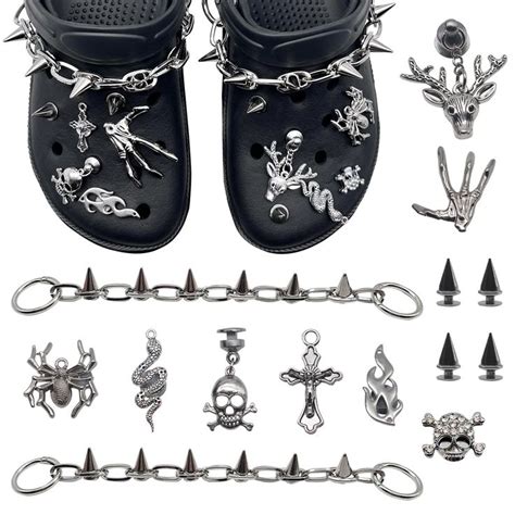 Etomiel Goth Charms Shoe Chains Shoe Charms Cool Punk Metal Rivet Cone Spike Charms Chain Metal