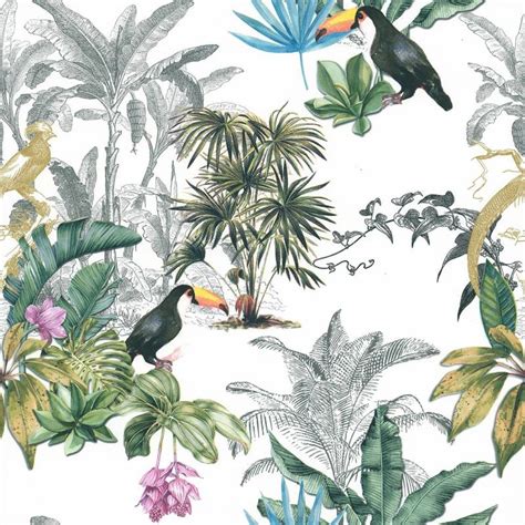 PAPIER PEINT TROPICAL FEUILLAGES ET TOUCANS Ref 51194704 Disponible