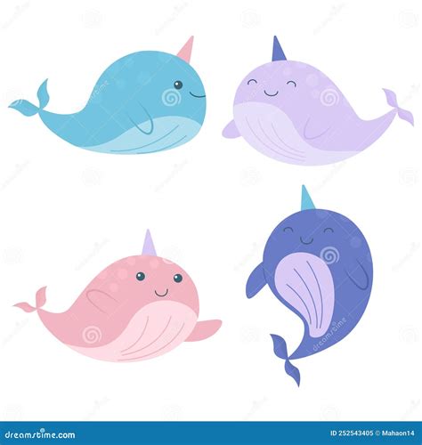 Cute Cartoon Narwhals Collection Stock Illustration Illustration Of