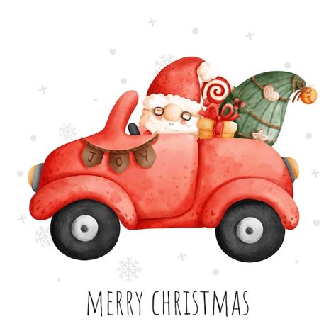 Premium Vector Christmas Gnome Truck Watercolor Greeting Card