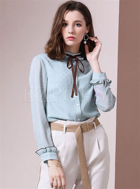 Chic Jacquard Stand Collar Bowknot Chiffon Blouse Women Blouses