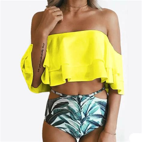 High Waist Swimsuit Sexy Off Shoulder Solid Bikinis Women Swimwear