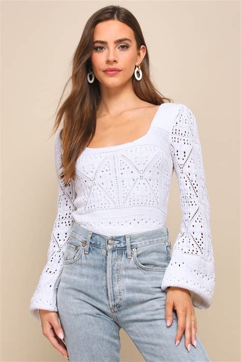 Ivory Crochet Top Long Sleeve Sweater Top Square Neck Top Lulus