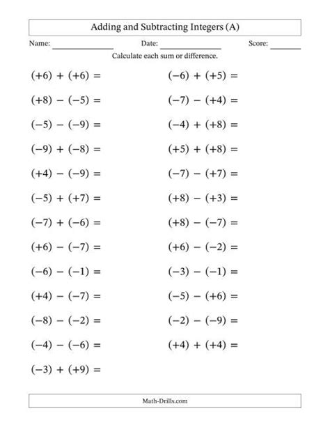 Adding And Subtracting Mixed Integers From 9 To 9 25 Questions Worksheets Library