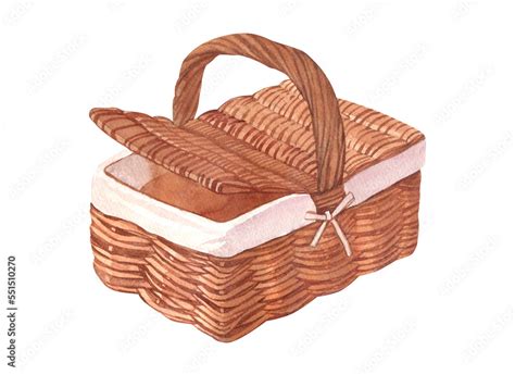 Watercolor Empty Wicker Picnic Basket With Handles And Lid Isolated On