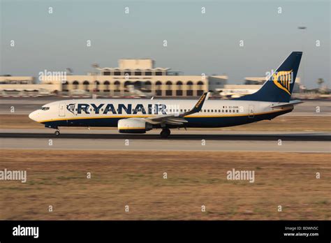 Ryanair Boeing 737-800 jet airplane picking up speed during takeoff ...