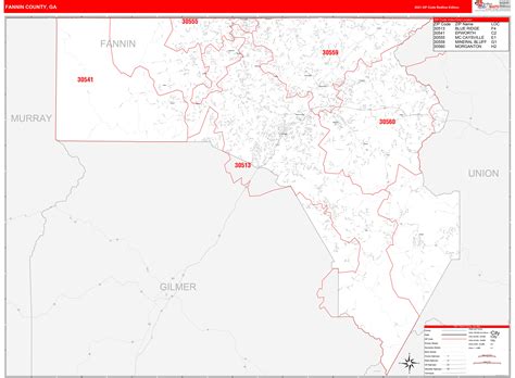 Fannin County Ga Zip Code Wall Map Red Line Style By Marketmaps Mapsales