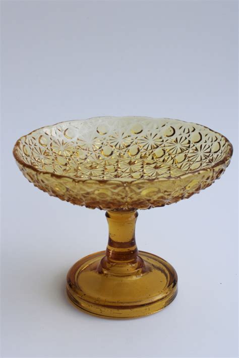 Daisy Button Pattern Amber Glass Compote Bowl Or Fruit Stand Vintage Pressed Glass