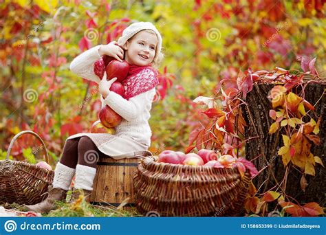 Beautiful Little Girl Holding Apples in the Autumn Garden. . Little ...