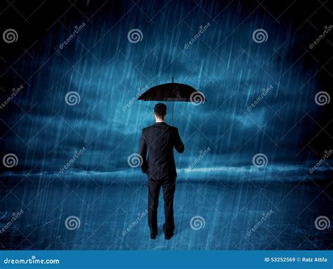 Business Man Standing In Rain With An Umbrella Stock Image - Image of protection, cloudy: 53252569