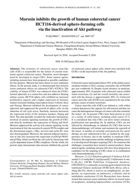 Pdf Morusin Inhibits The Growth Of Human Colorectal Cancer Hct116‑derived Sphere‑forming Cells