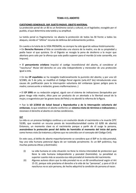 TEMA 4 DP II Derecho Penal II criminología TEMA 4 EL ABORTO