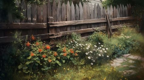 Premium AI Image | A painting of a garden with flowers and a fence.