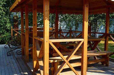 Wooden Gazebo Made of Timber. Garden Furniture Stock Photo - Image of ...