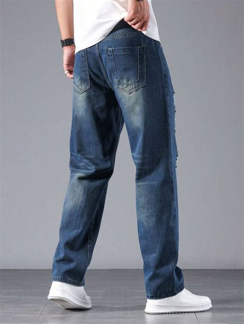 Manfinity Homme Men S Straight Leg Jeans With Distressed Details