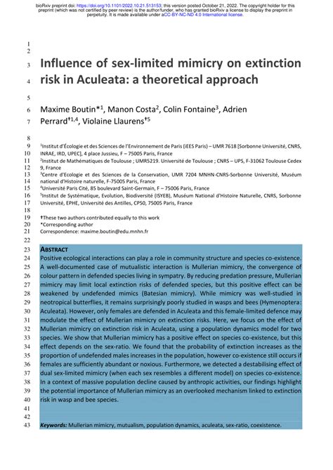 Pdf Influence Of Sex Limited Mimicry On Extinction Risk In Aculeata