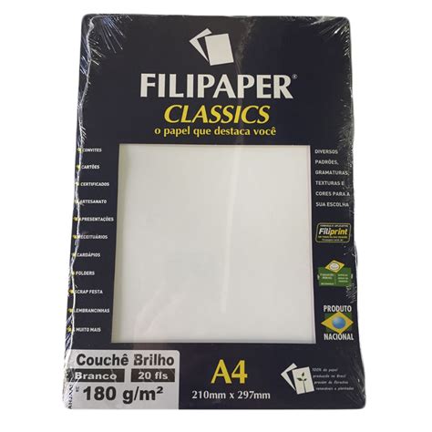 Bloco Papel A4 Couchê Brilho 180g 20 folhas Branco Filipaper