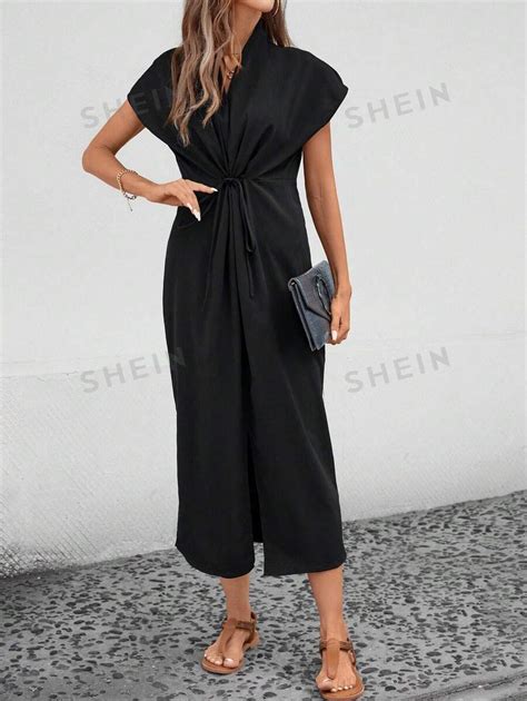 SHEIN Frenchy Vestido Preto Longo De Trabalho Decote Em V Cintura