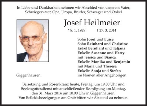 Traueranzeigen Von Josef Heilmeier Trauer Merkur De