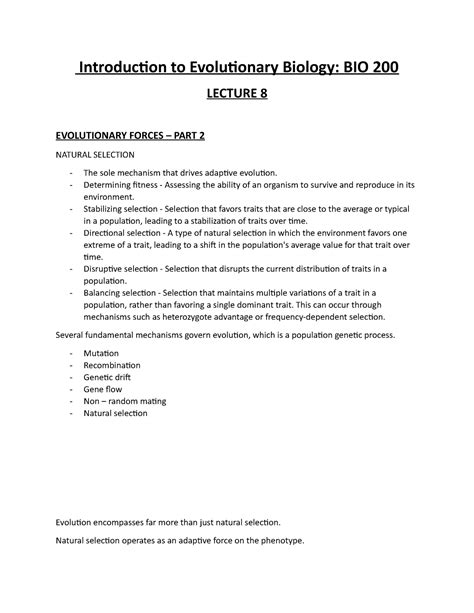 Lecture 8 Introduction To Evolutionary Biology My Own Notes