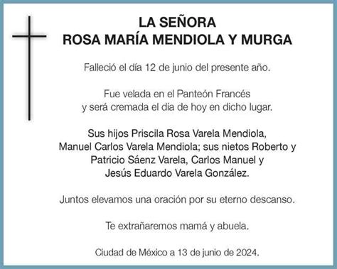 Señora Rosa María Mendiola y Murga Obituario Esquela