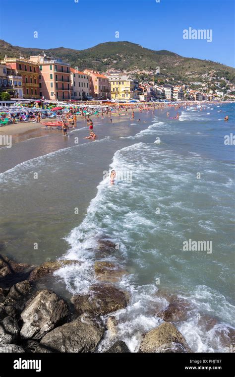 Beach at Alassio in Italy Stock Photo - Alamy