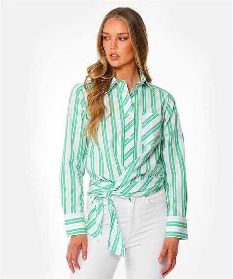 Ganni Green Stripe Cotton Wrap Shirt Jules B